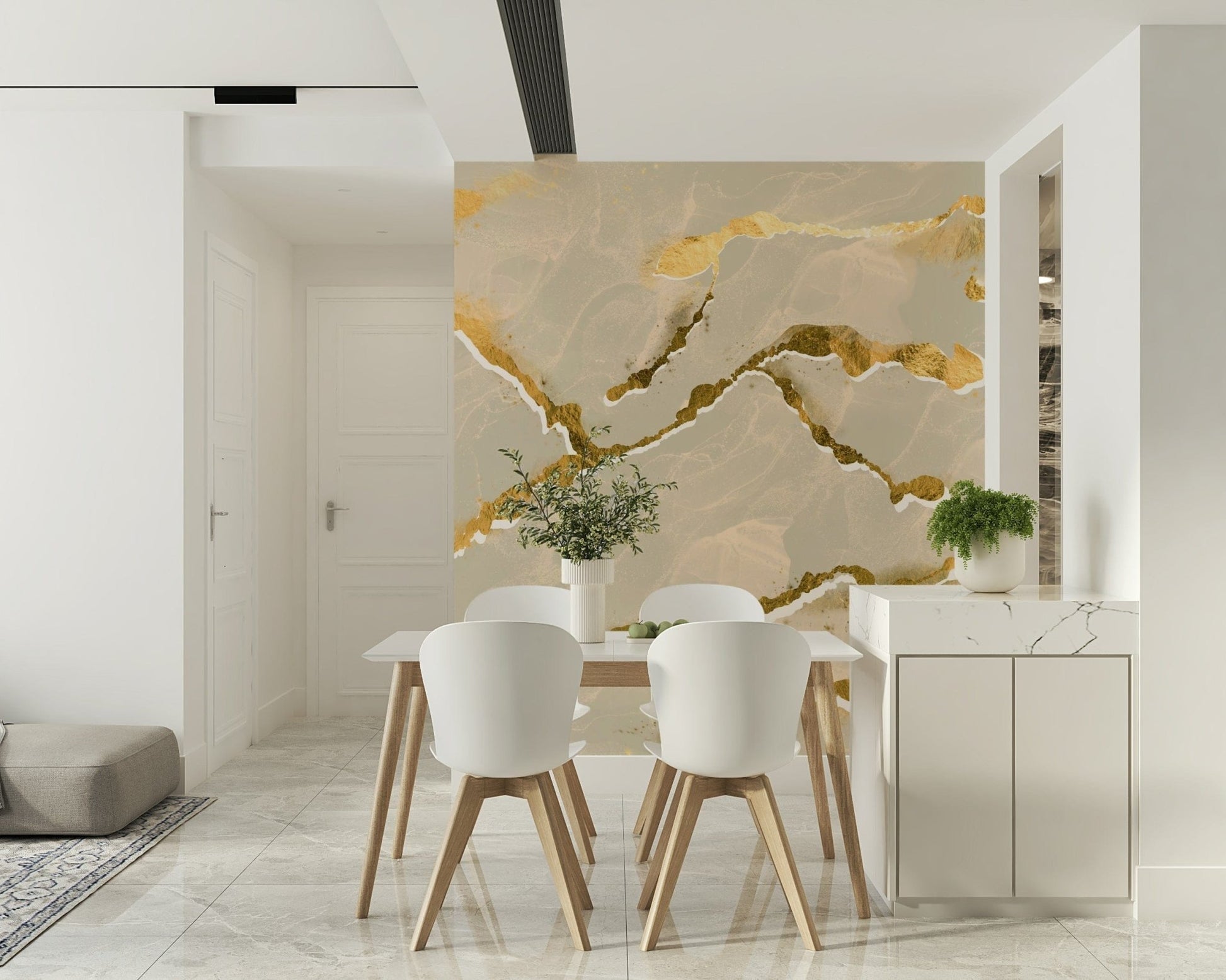 Delicate gold veining texture in the Golden Veins Ecru Sand Marble mural.