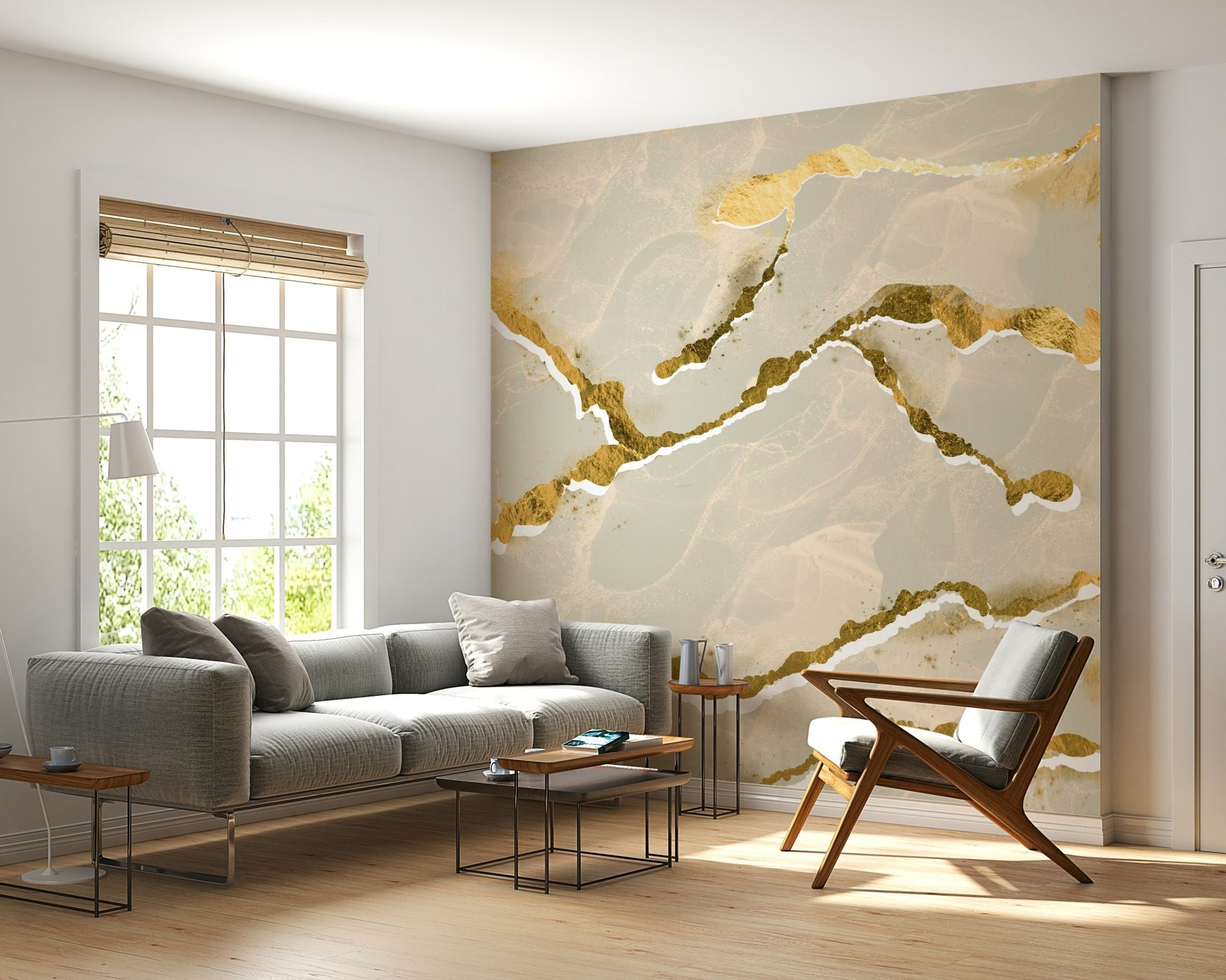 Light and airy office featuring the Golden Veins Ecru Sand Marble mural.