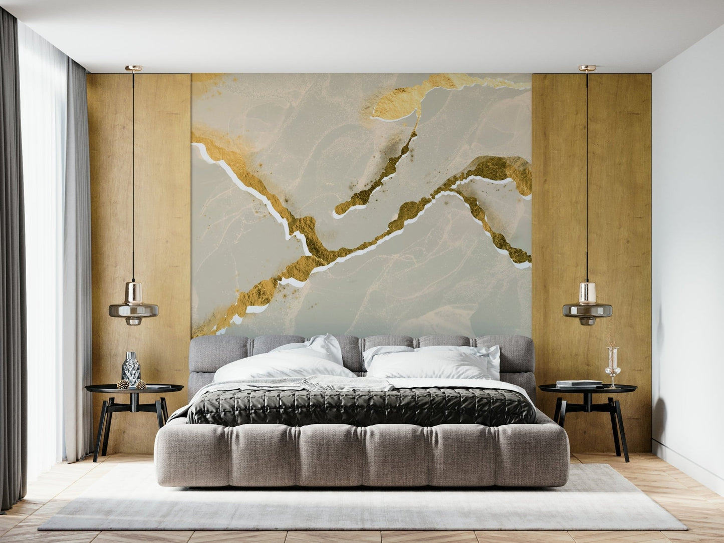 Golden Veins Ecru Sand Marble accent wall behind a white sofa.