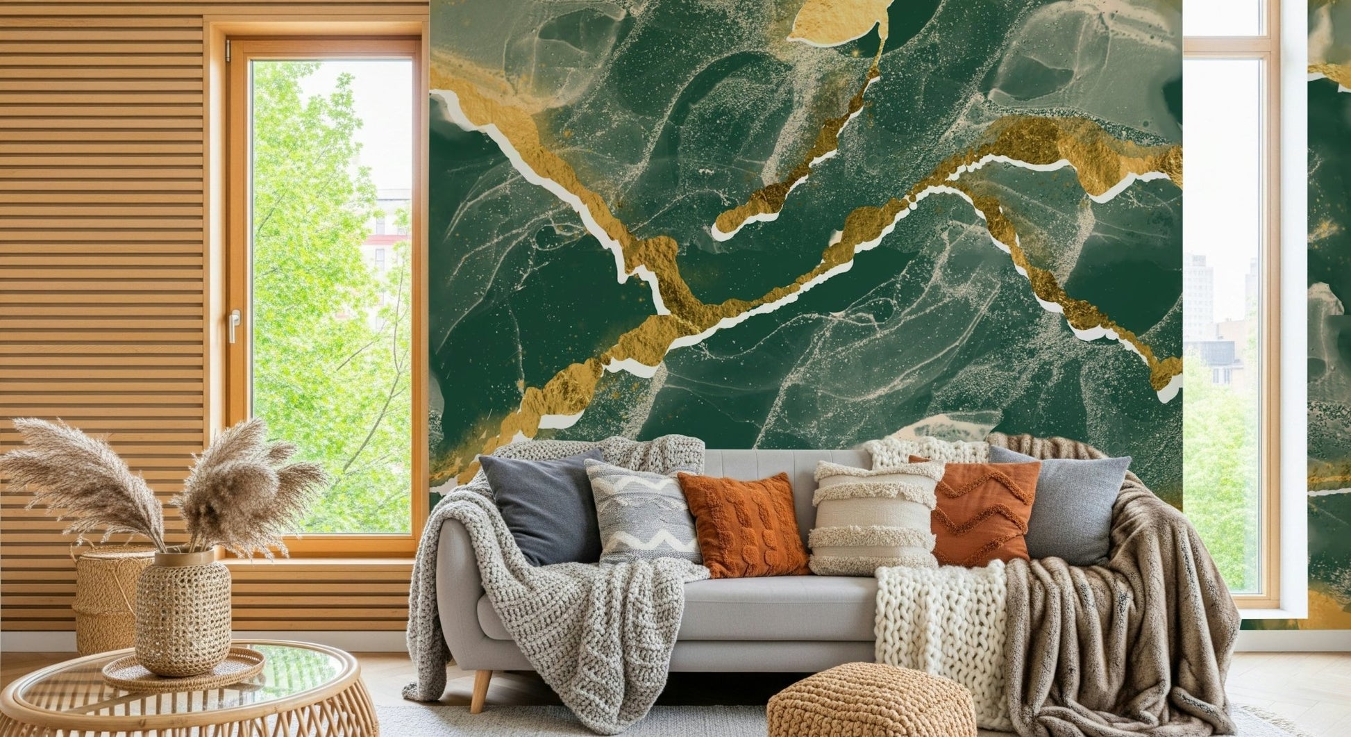 Metallic gold veining detail in the Golden Veins Emerald Marble mural.