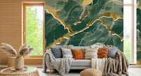 Metallic gold veining detail in the Golden Veins Emerald Marble mural.