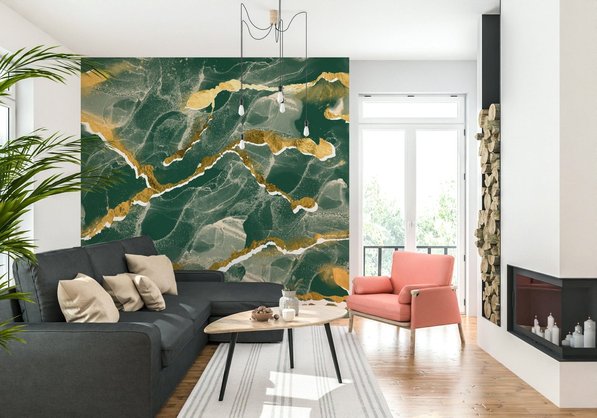 Luxurious designer office with the Golden Veins Emerald Marble mural.