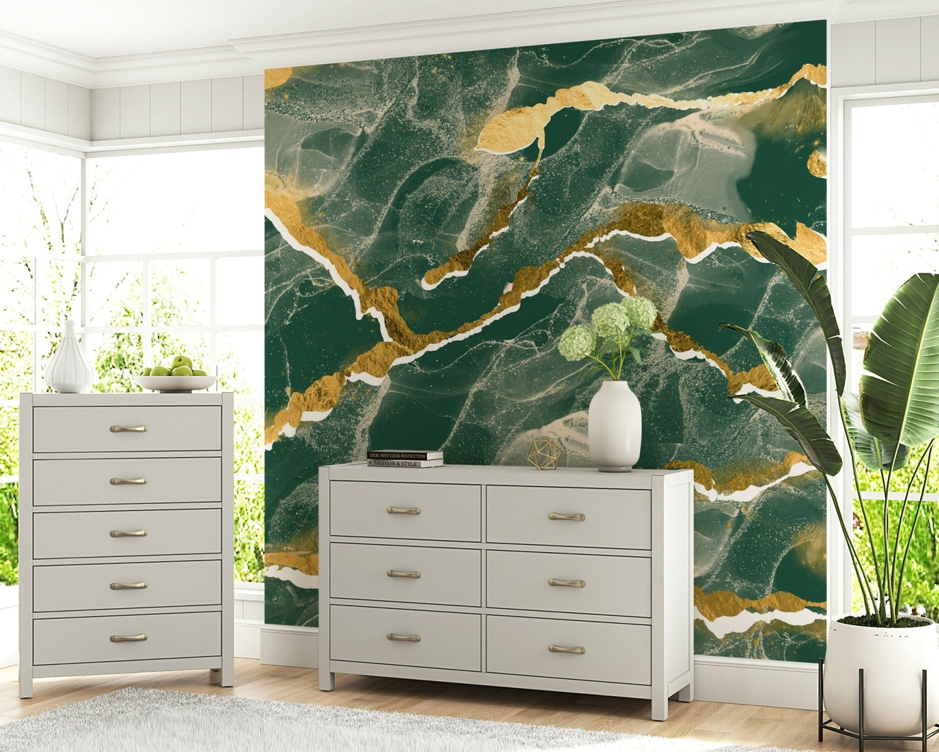Golden Veins Emerald Marble in an opulent velvet living room.