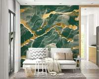 Rich emerald green tones of the Golden Veins Emerald Marble mural.