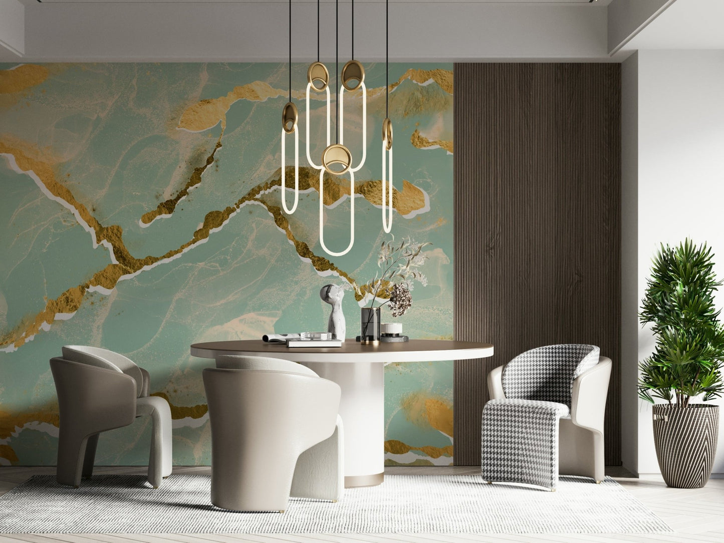 Golden Veins Mint Whisper Marble wall mural behind a white desk.