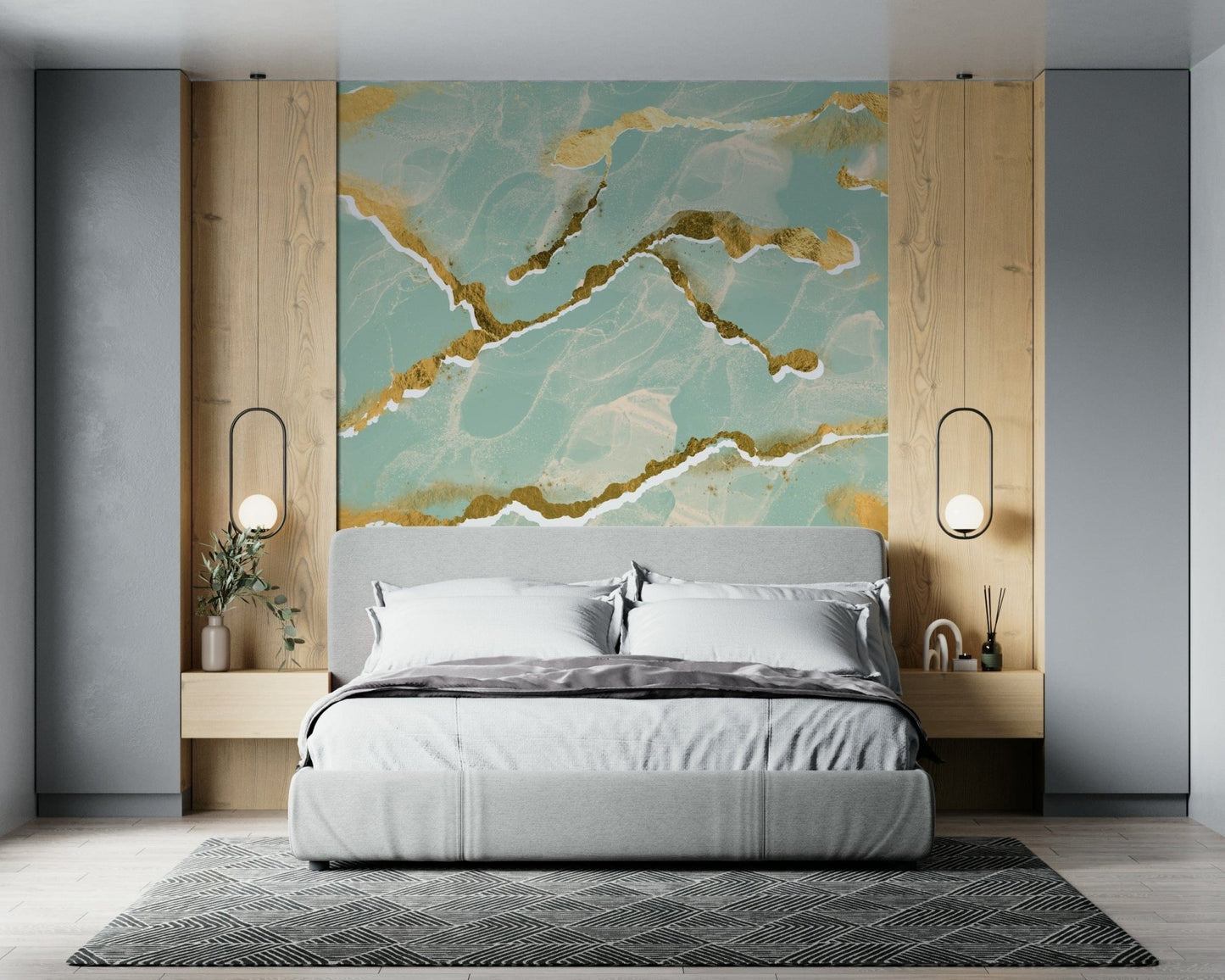 Golden Veins Mint Whisper Marble - Modern Luxe Abstract Wall Mural lounge.