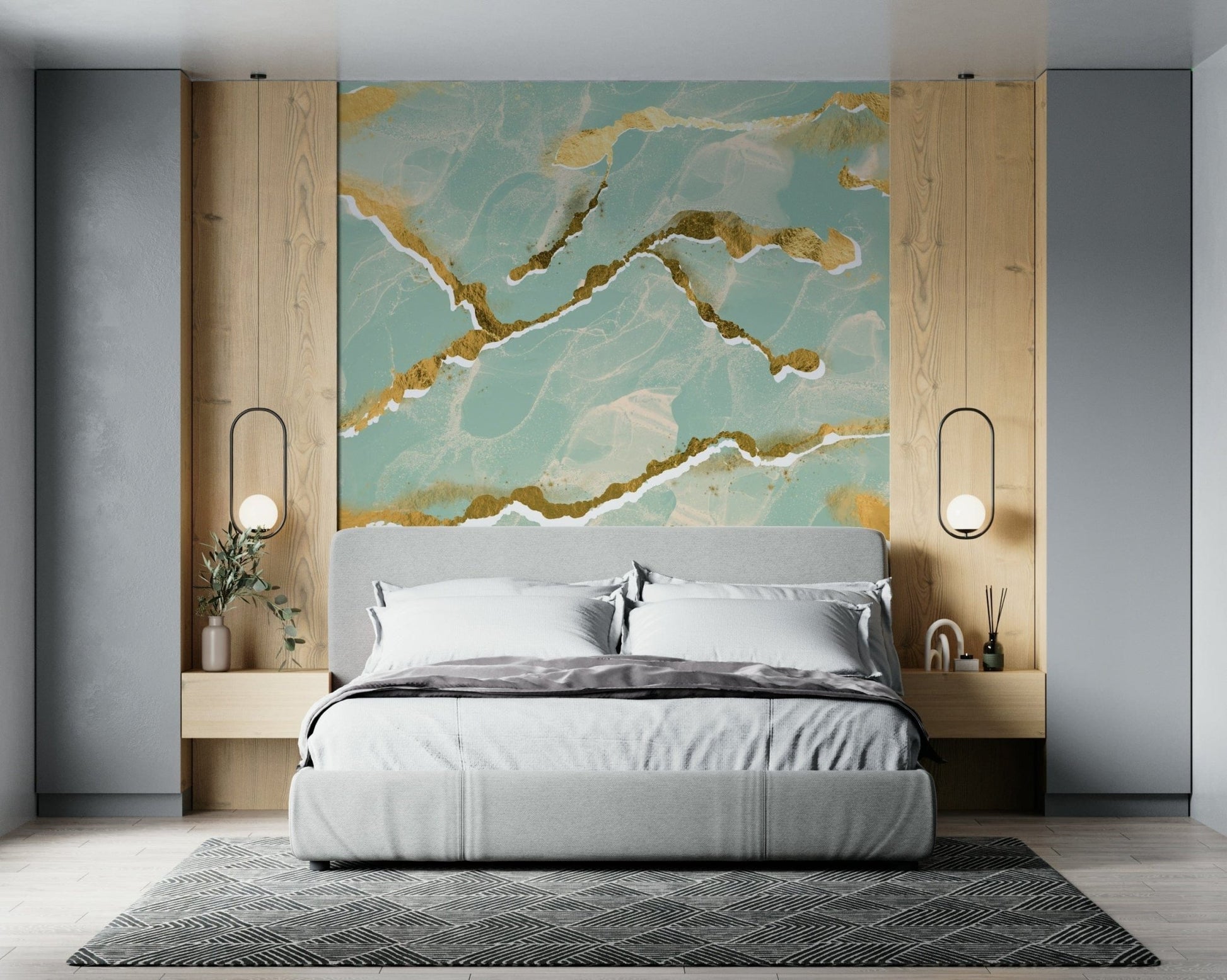Golden Veins Mint Whisper Marble - Modern Luxe Abstract Wall Mural lounge.