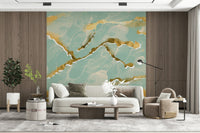 Abstract mint and gold marble design of the Golden Veins Mint Whisper Marble - Wall Mural.