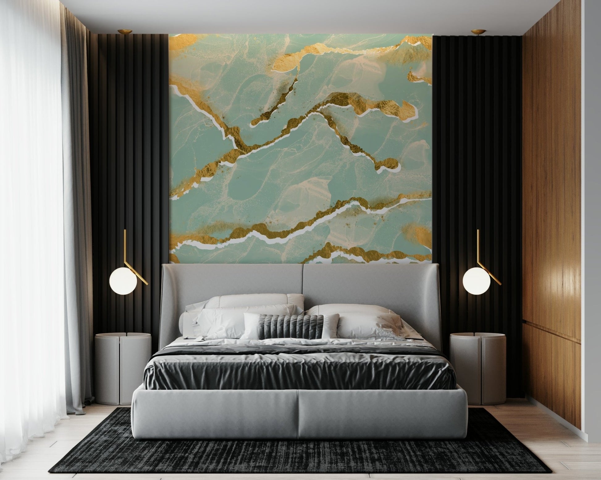 Sophisticated interior using the Golden Veins Mint Whisper Marble wall mural.