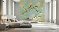 Luxurious gold accents in the Golden Veins Mint Whisper Marble Mural.