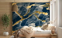 Golden Veins Navy Marble accent wall behind a velvet headboard.