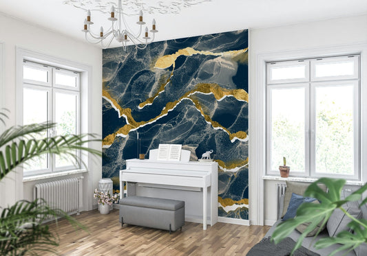 Golden Veins Navy Marble in a luxurious contemporary living room.