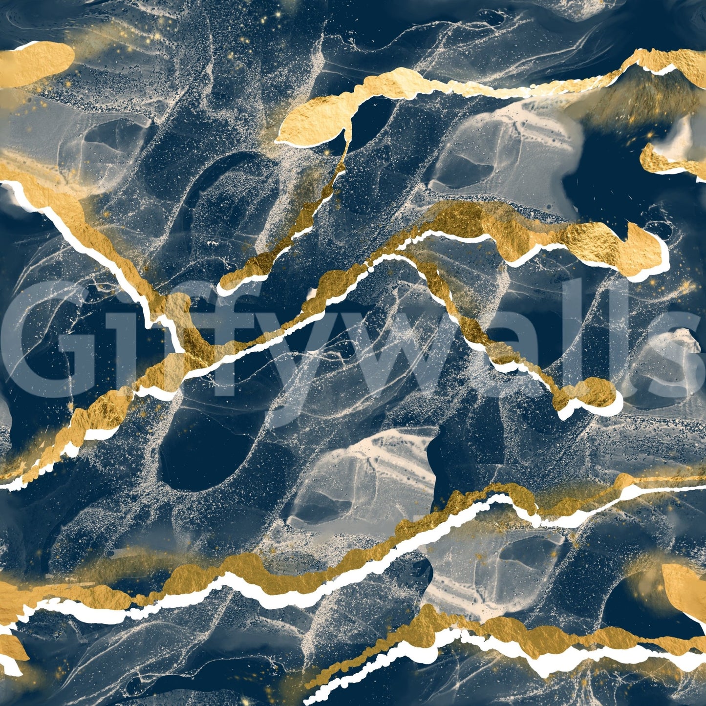 Modern abstract wall art using the Golden Veins Navy Marble mural.