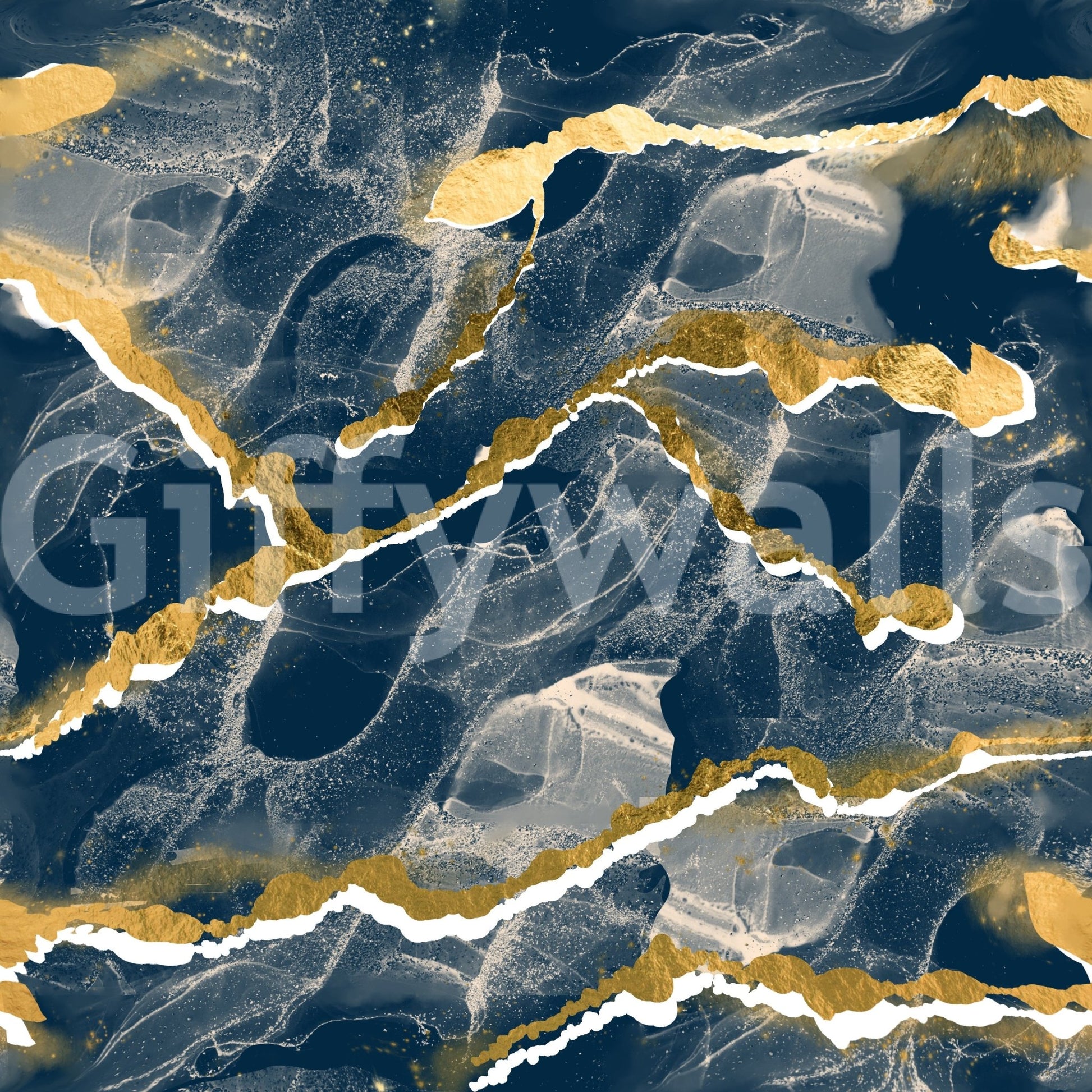 Modern abstract wall art using the Golden Veins Navy Marble mural.