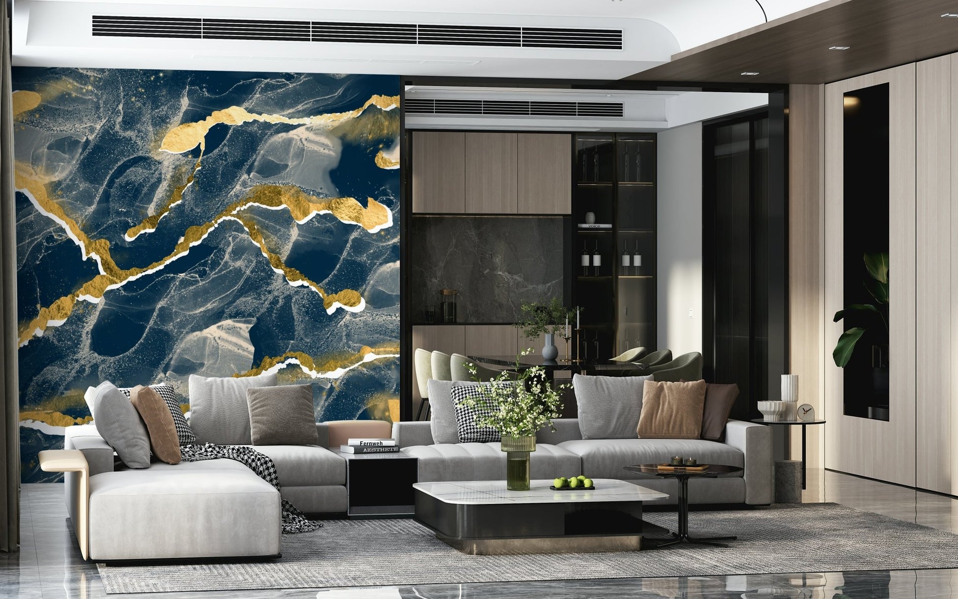 Sophisticated interior decor with the Golden Veins Navy Marble.