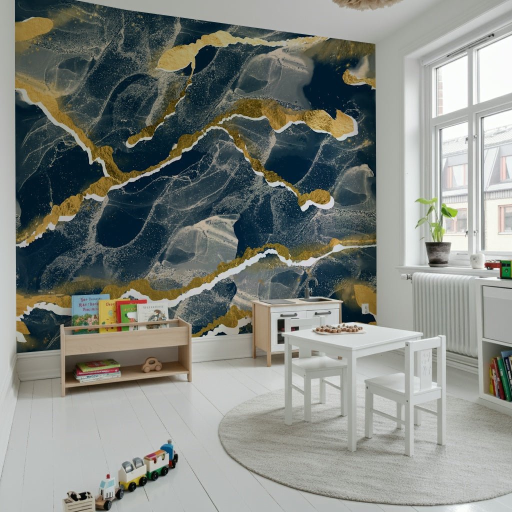 Dramatic dark blue feature wall using the Golden Veins Navy Marble.
