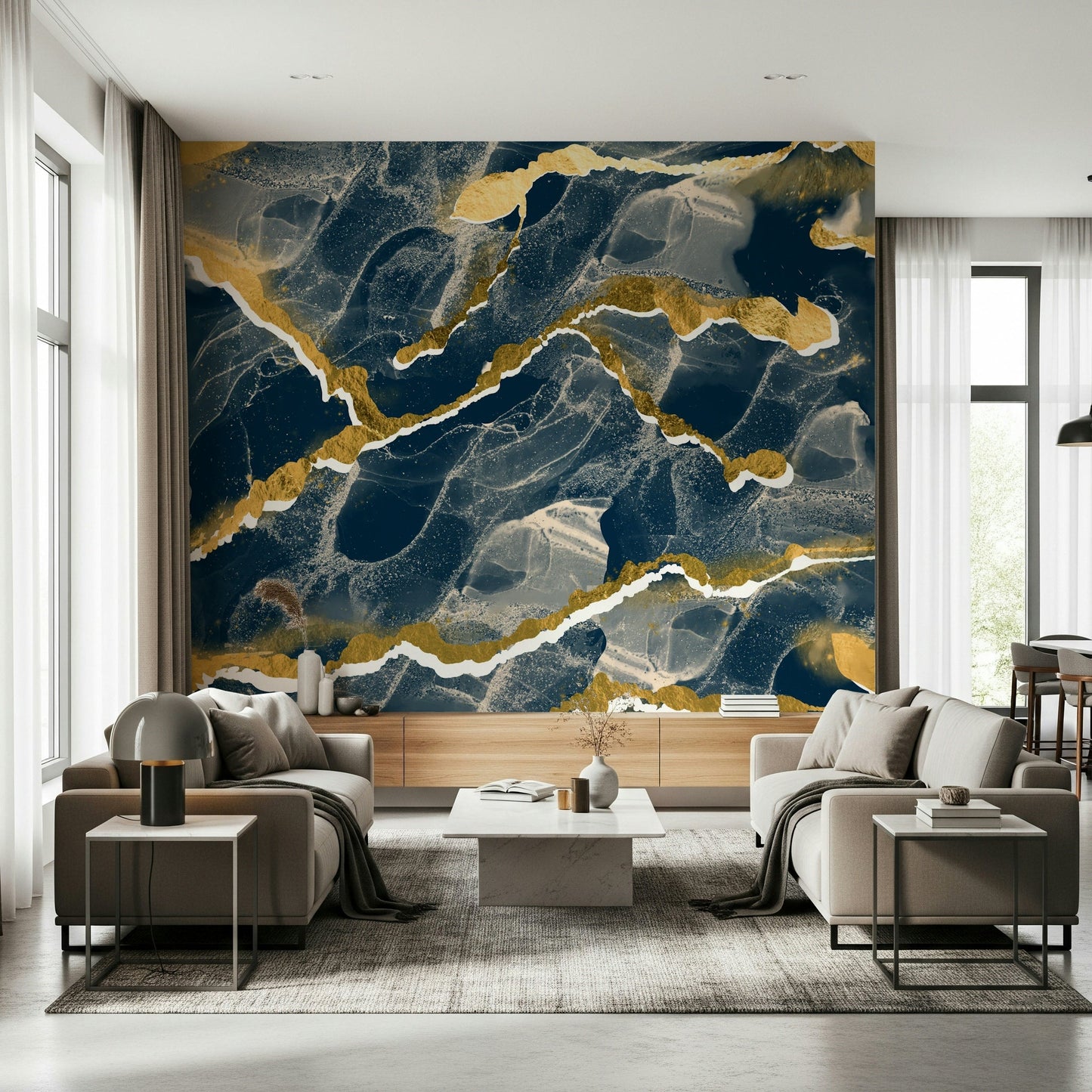 Deep navy and blue tones of the Golden Veins Navy Marble mural.
