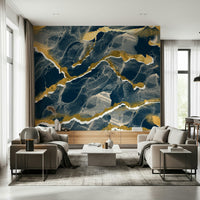 Deep navy and blue tones of the Golden Veins Navy Marble mural.