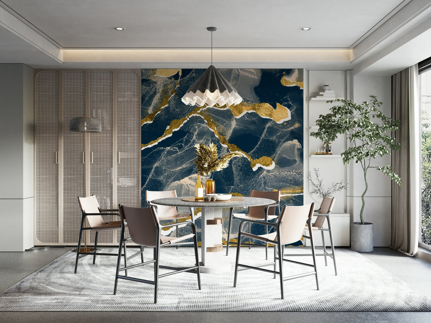 Full view of an elegant bedroom with Golden Veins Navy Marble.