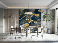 Full view of an elegant bedroom with Golden Veins Navy Marble.