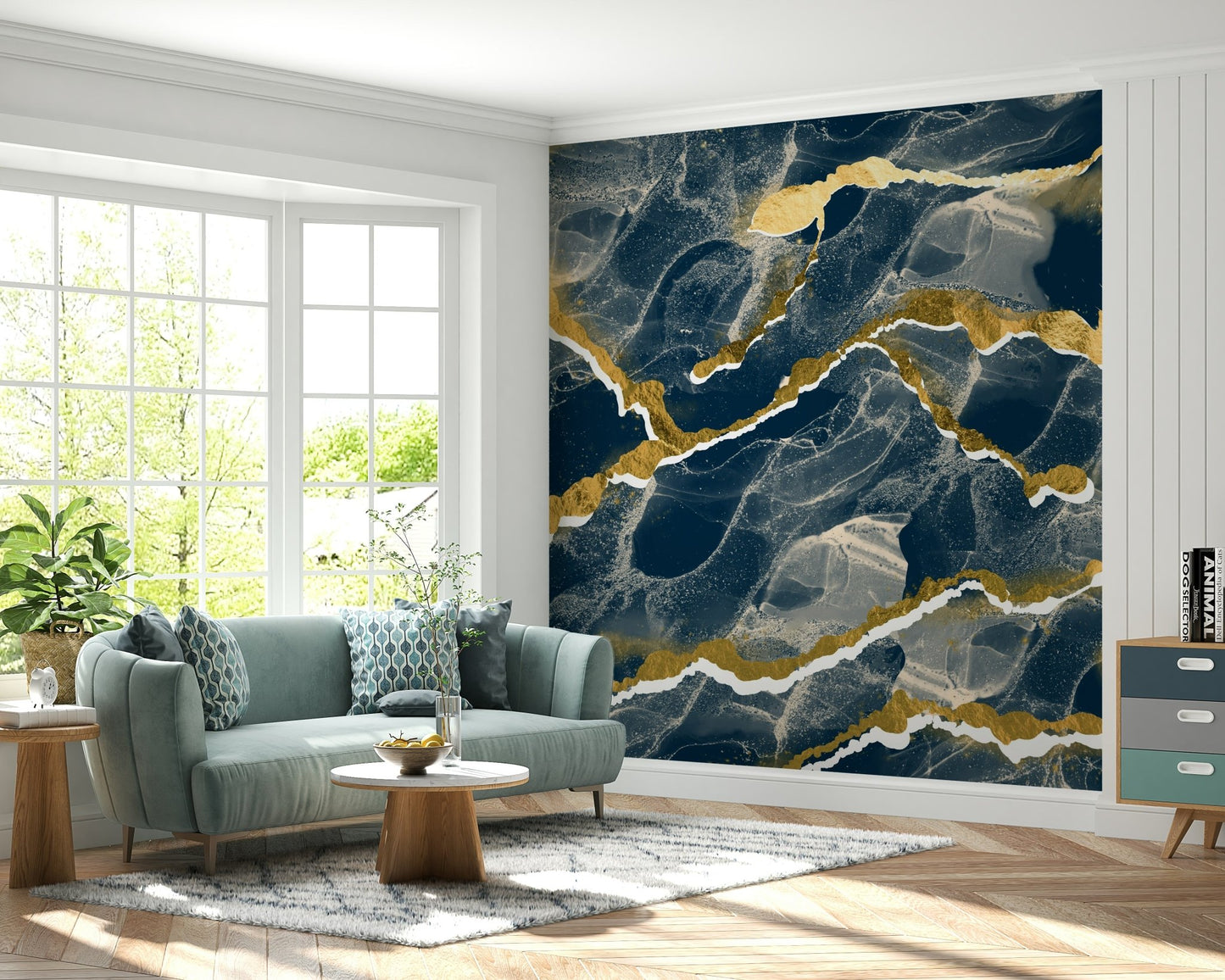 Abstract faux marble pattern of the Golden Veins Navy Marble design.