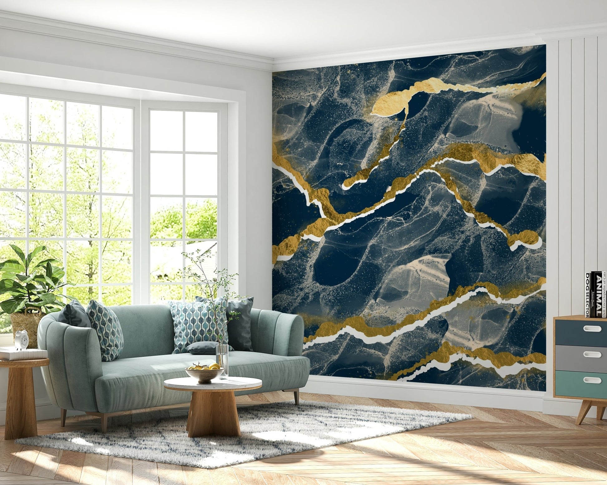 Abstract faux marble pattern of the Golden Veins Navy Marble design.