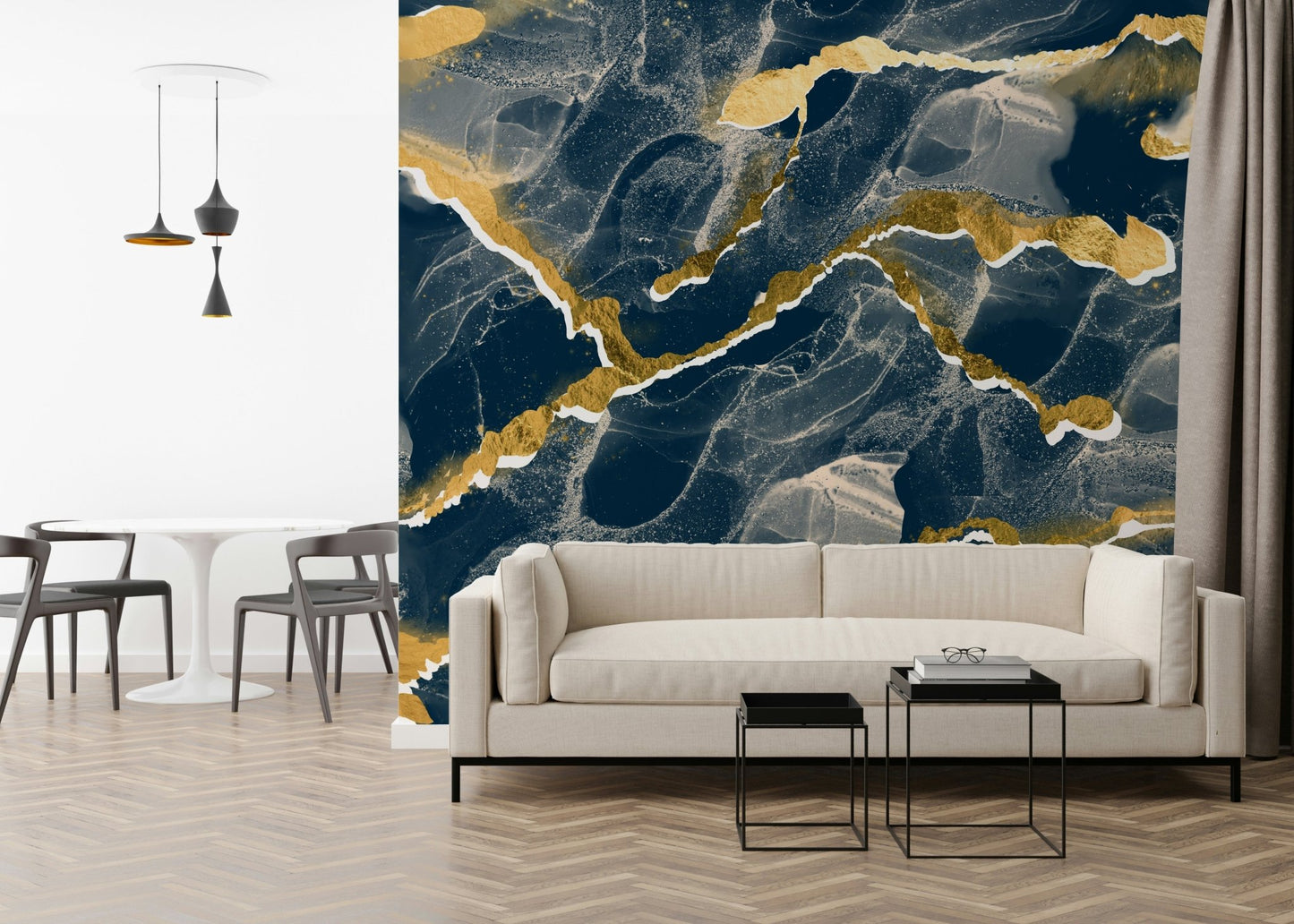 Luxurious designer office with the Golden Veins Navy Marble mural.