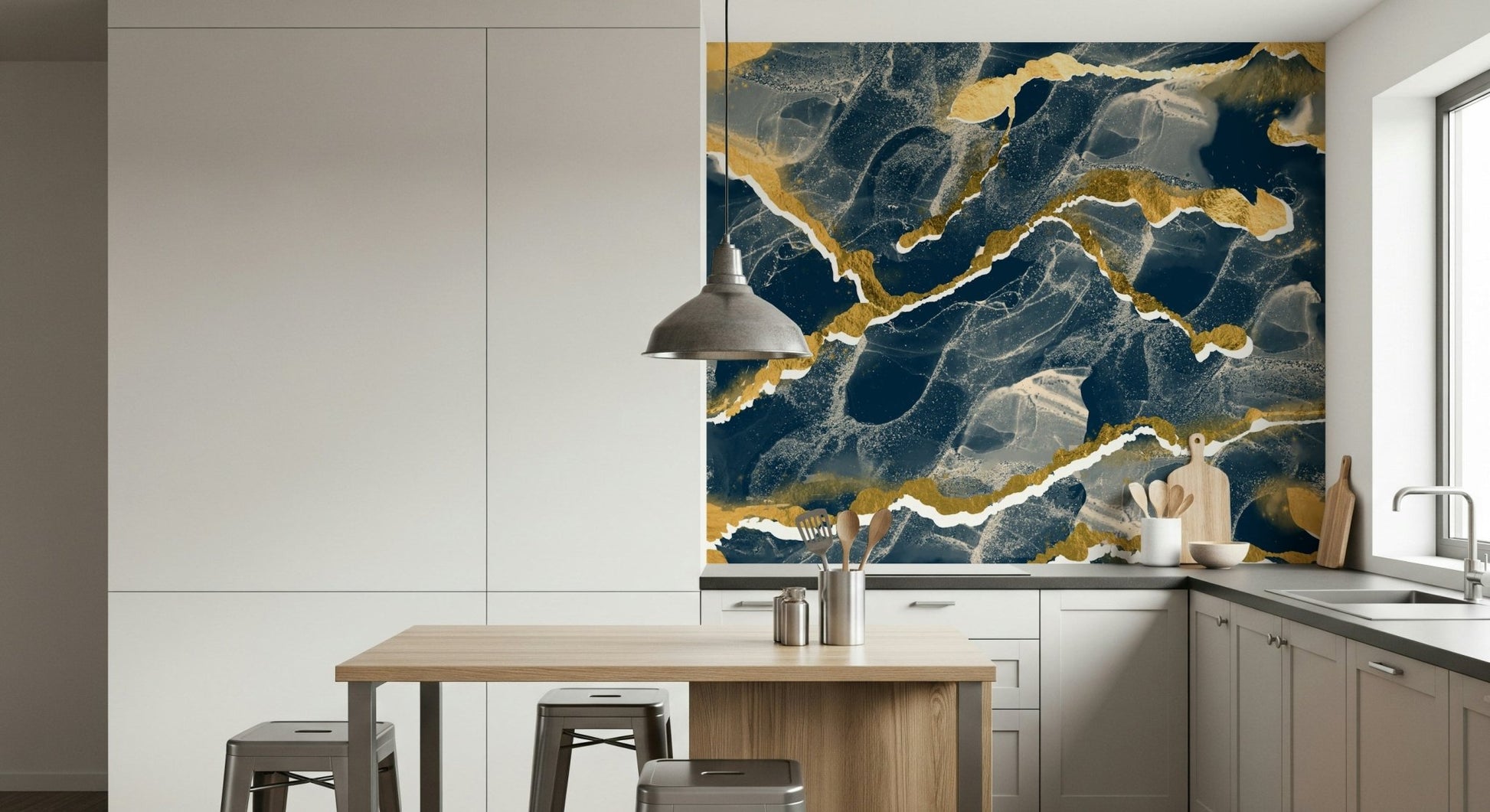 Metallic gold veining detail in the Golden Veins Navy Marble mural.