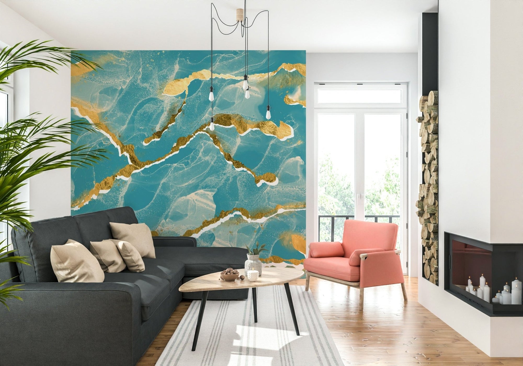 Golden Veins Tropical Teal Marble Wall Mural in a maximalist dining room., GD6231