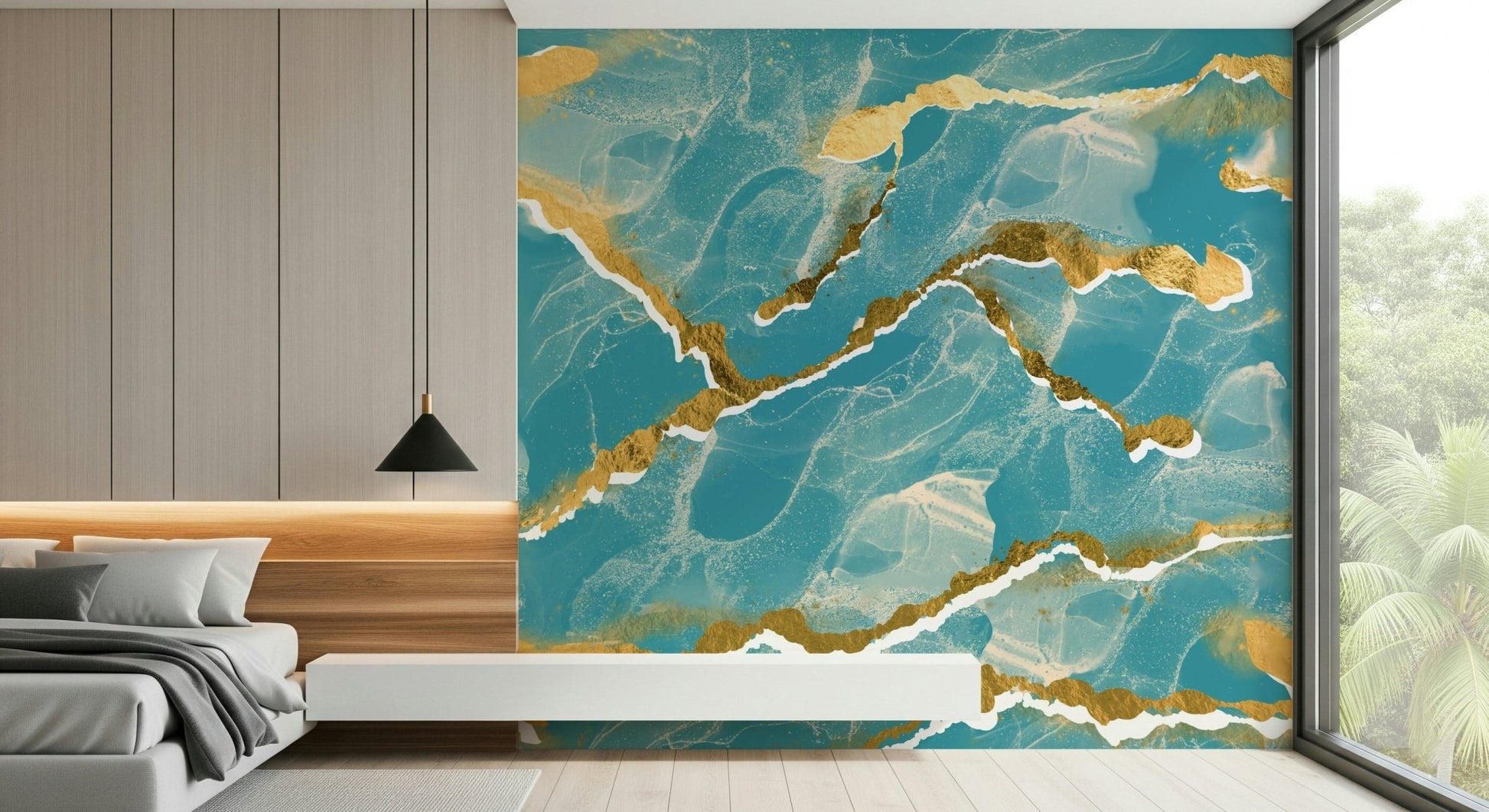 Metallic gold veining texture in the Golden Veins Tropical Teal Marble Wall Mural.