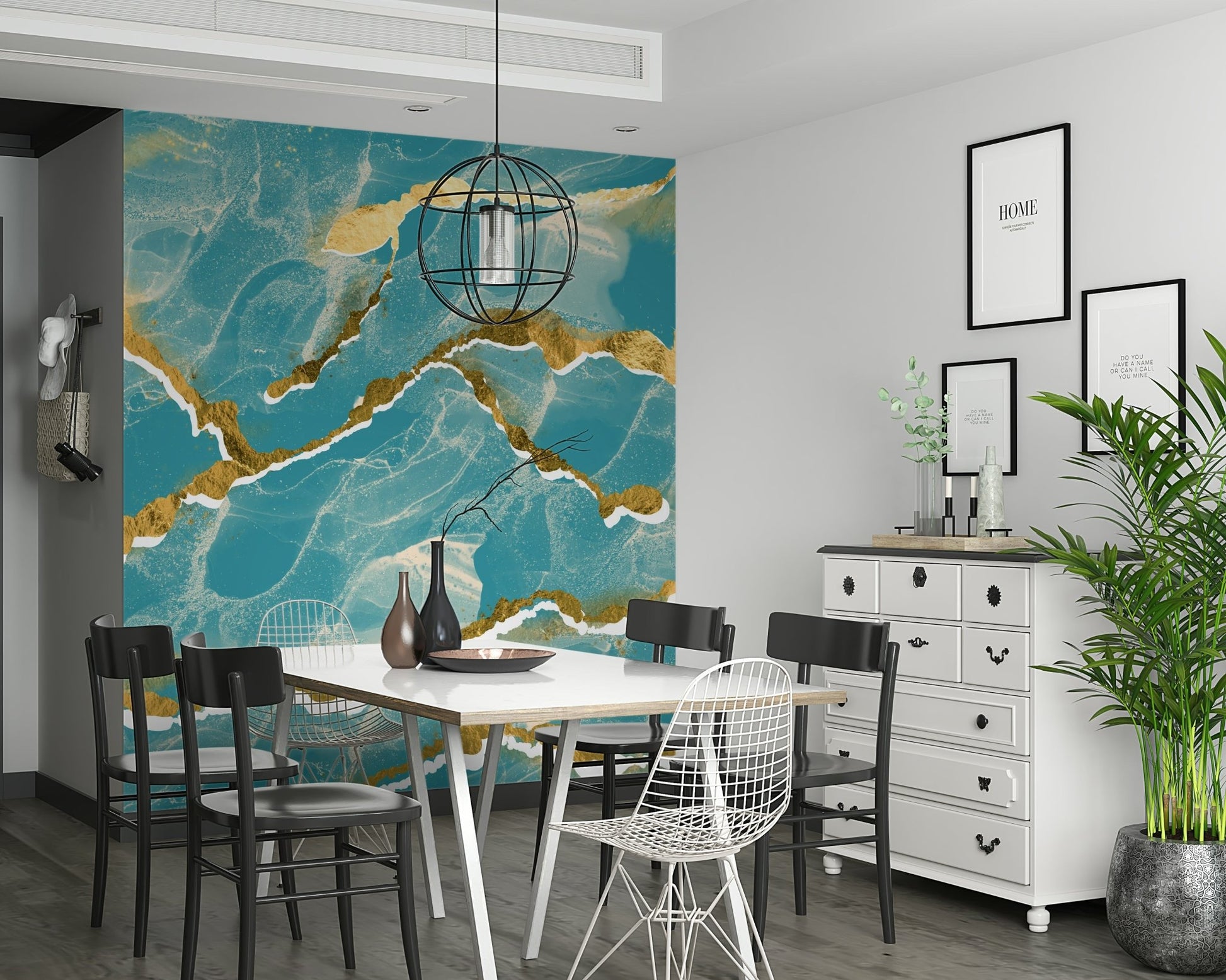Rich teal and turquoise tones of the Golden Veins Tropical Teal Marble Wall Mural.