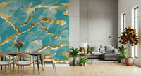 Full view of a glamorous living room with Golden Veins Tropical Teal Marble Wall Mural.