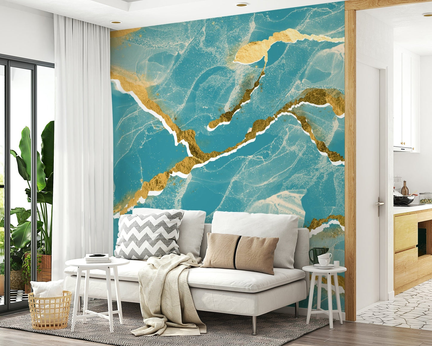Golden Veins Tropical Teal Marble Wall Mural accent wall behind a white bed.