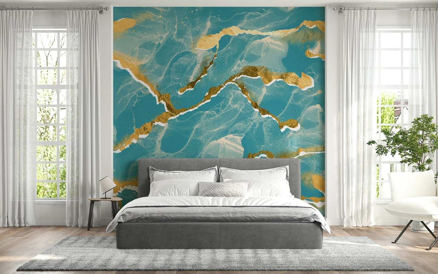 Jewel-toned faux marble feature wall using the Golden Veins Tropical Teal Marble Wall Mural.