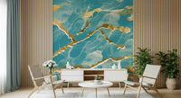 Abstract marble pattern design of the Golden Veins Tropical Teal Marble Wall Mural.