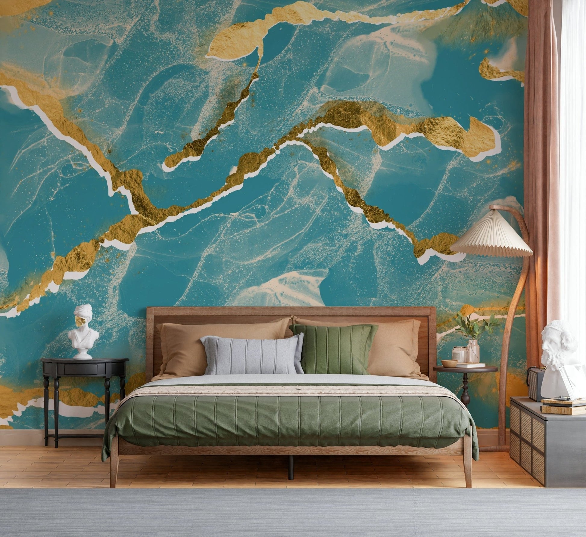 Tropical-inspired interior using the Golden Veins Tropical Teal Marble Wall Mural.