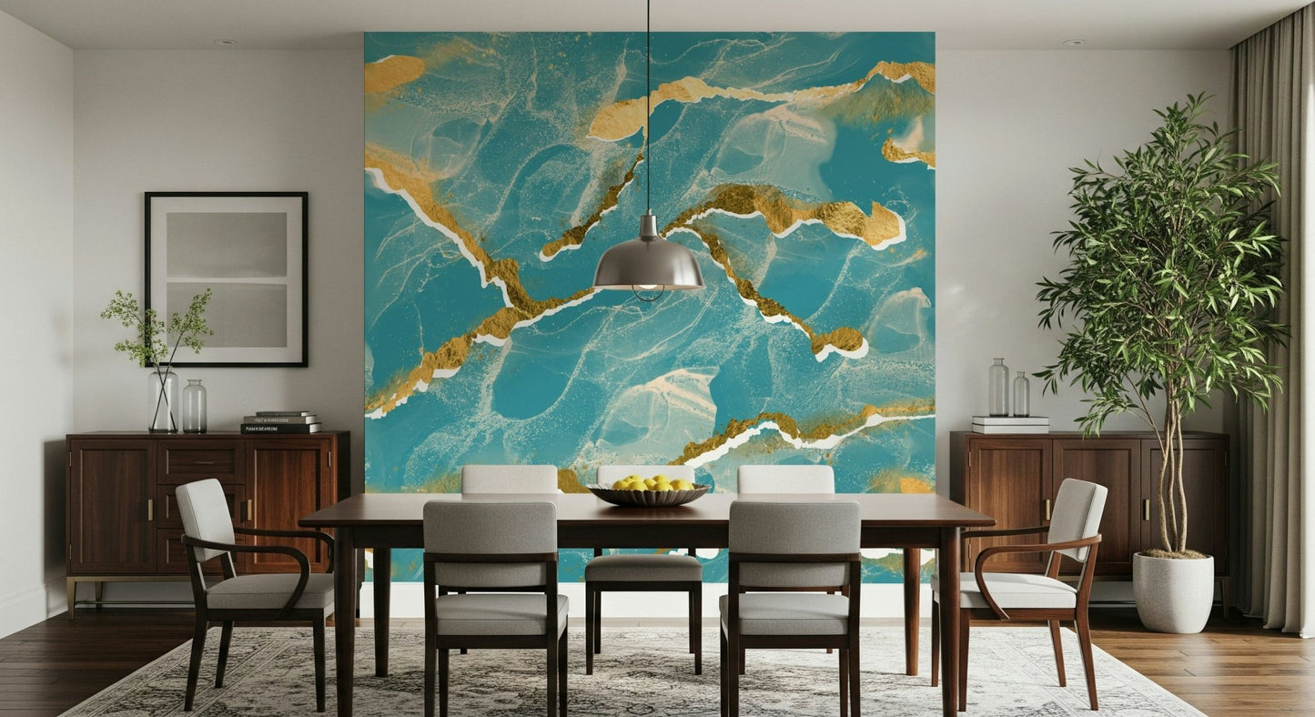 Luxurious designer office with the Golden Veins Tropical Teal Marble Wall Mural.