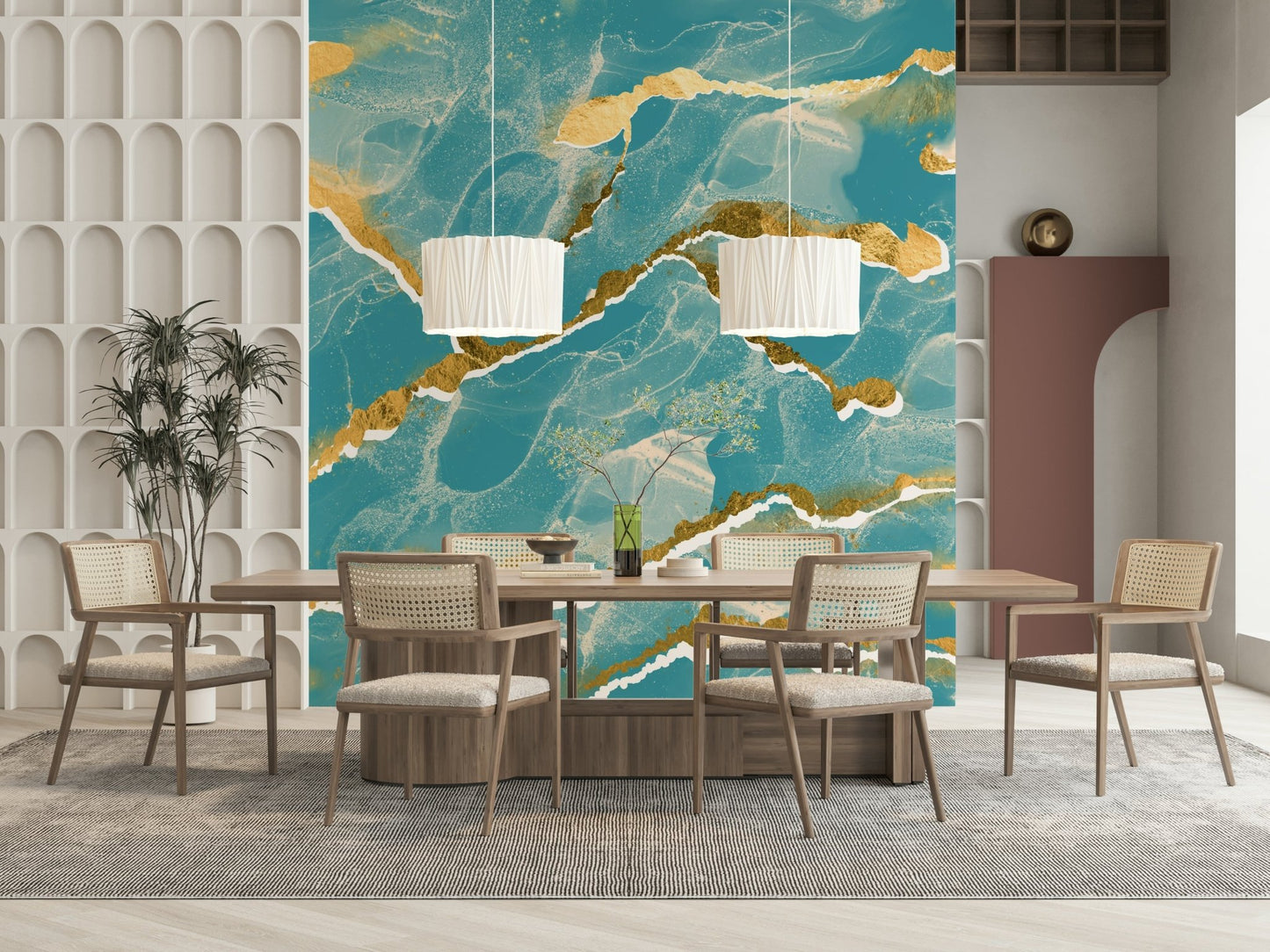 Golden Veins Tropical Teal Marble Wall Mural adding drama to an entry.