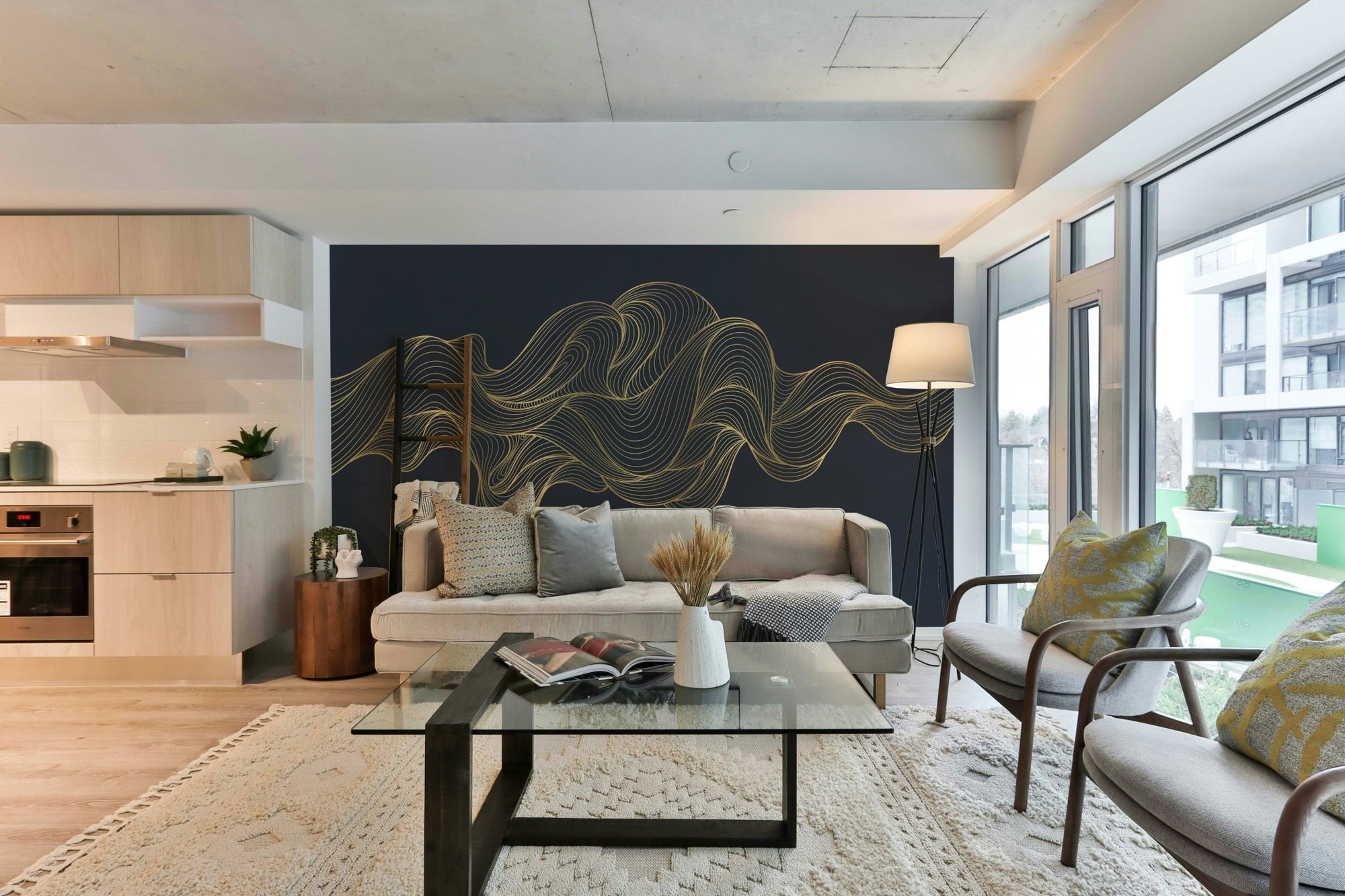 A peaceful wall mural with a soft, flowing golden pattern. GD4170


