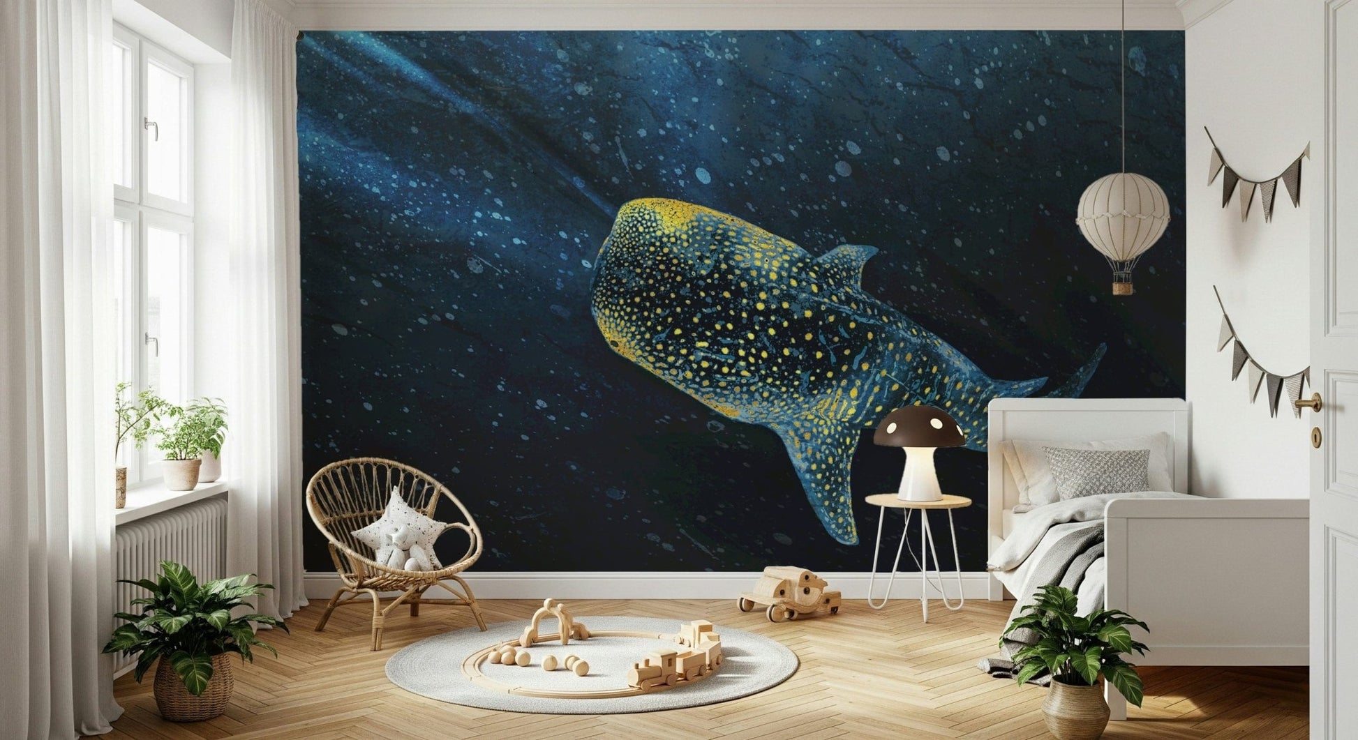 Golden Whale Shark celestial sea creature mural wallpaper.
