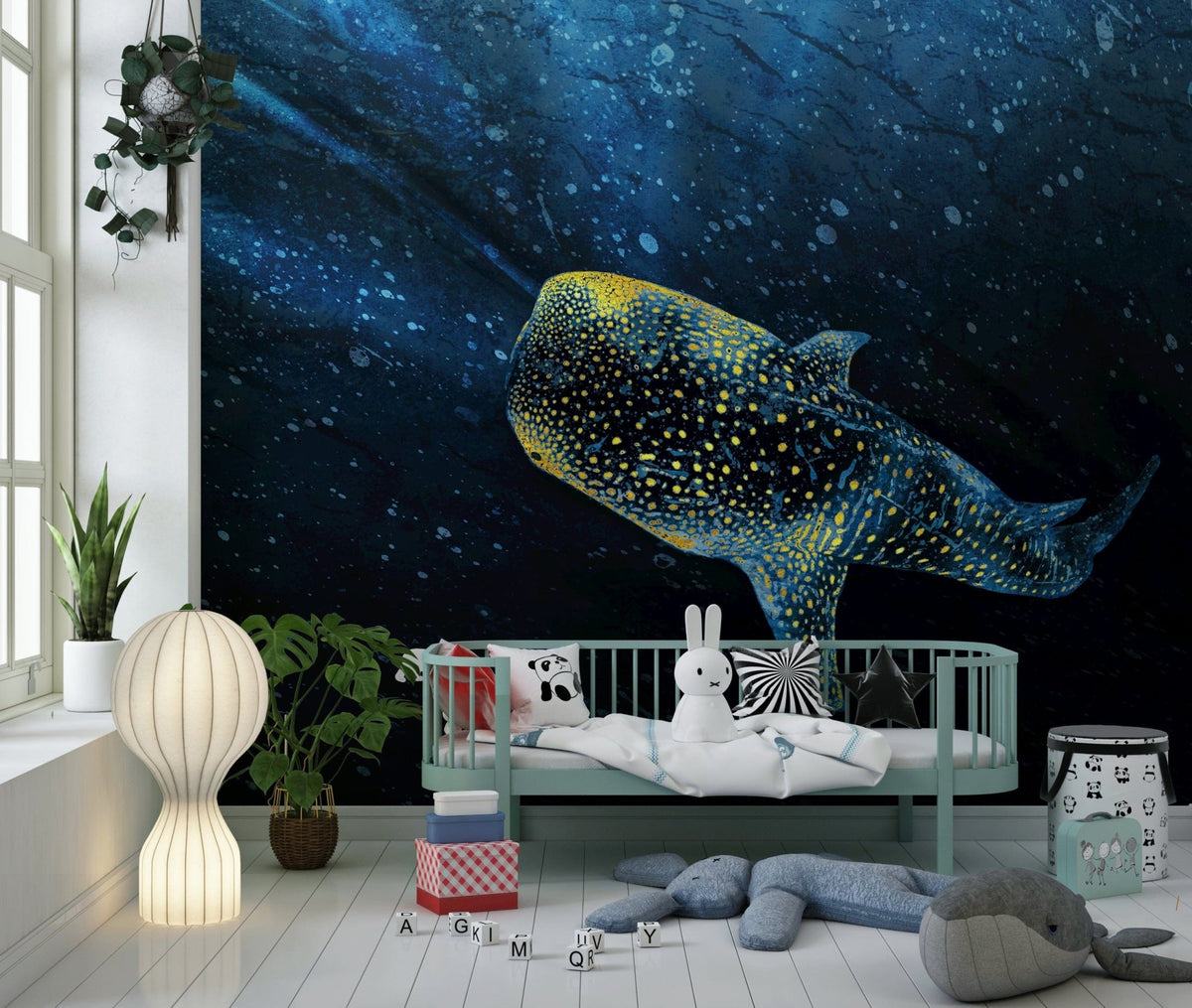 Golden Whale Shark Wall Mural with majestic marine artwork GD7358
