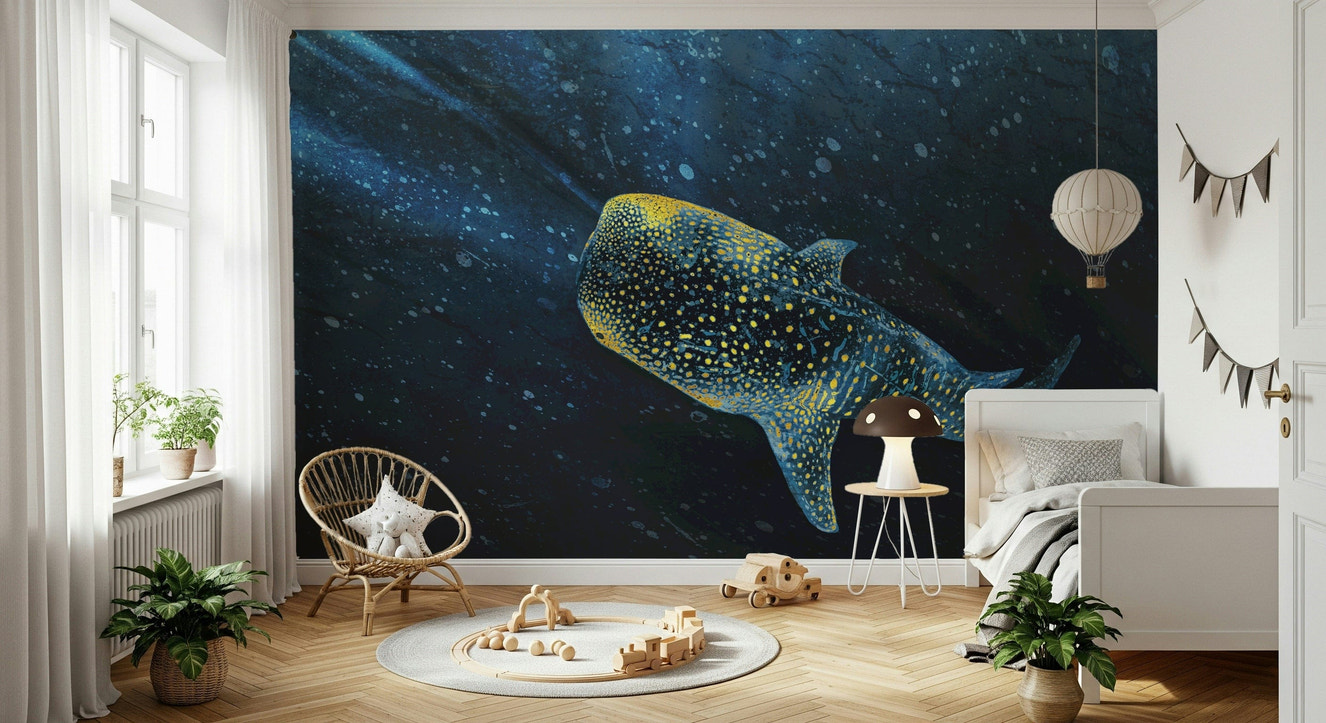 Golden Whale Shark celestial sea creature mural wallpaper.