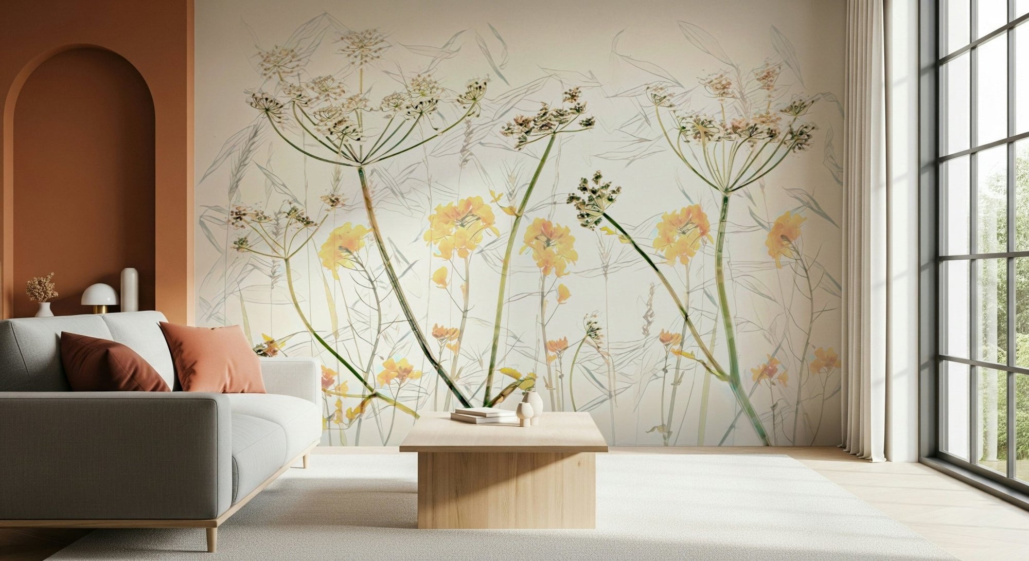 A beautiful golden floral wallpaper mural for a modern home., GD5259
