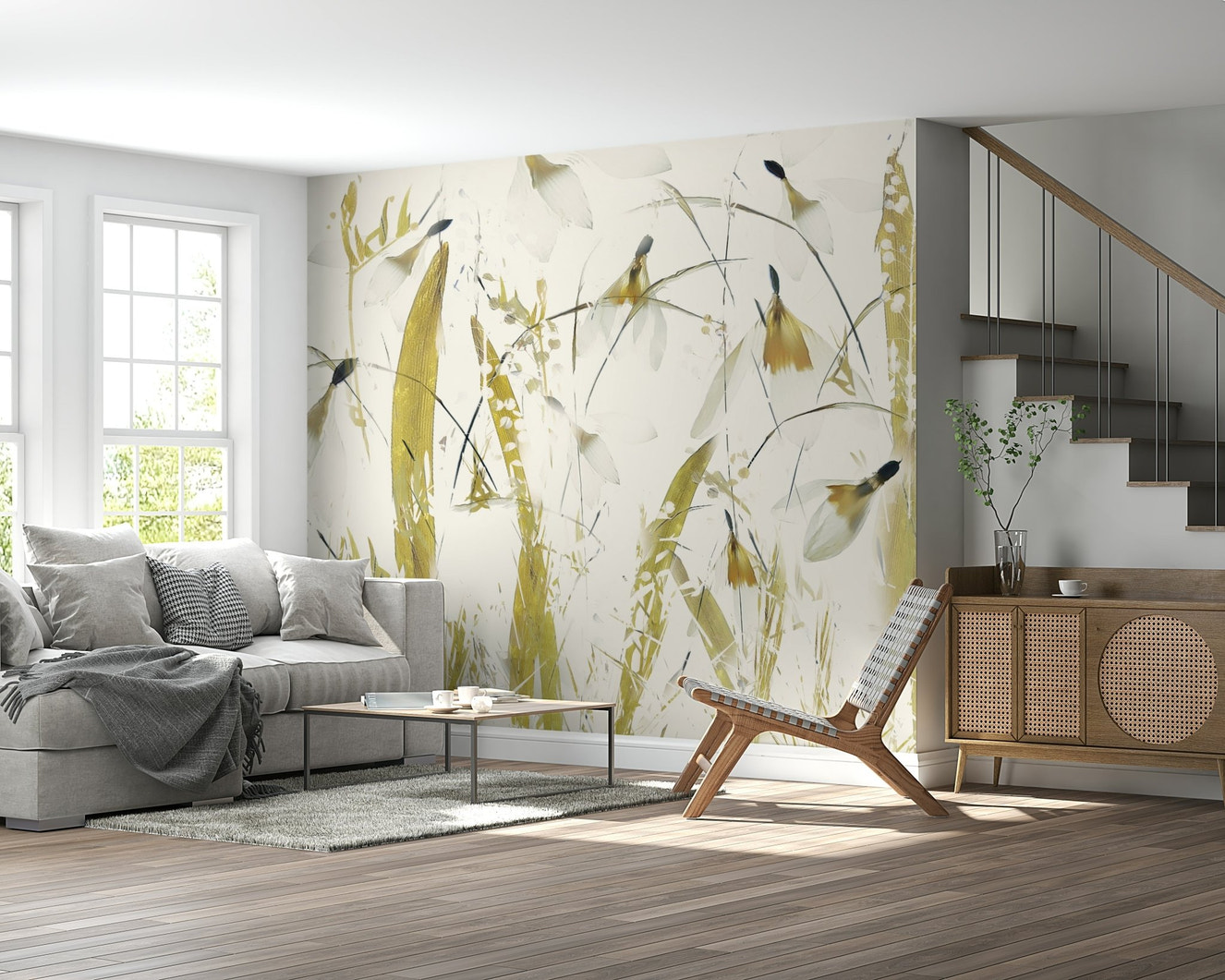 A beautiful golden abstract wallpaper mural for a modern home.