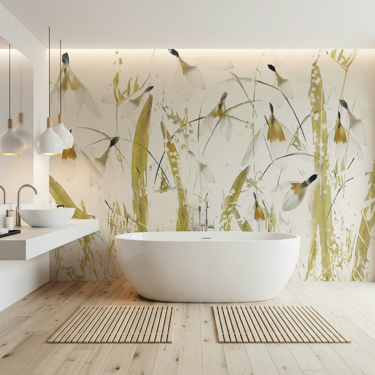 An artistic soft focus mural on minimalist wallpaper.