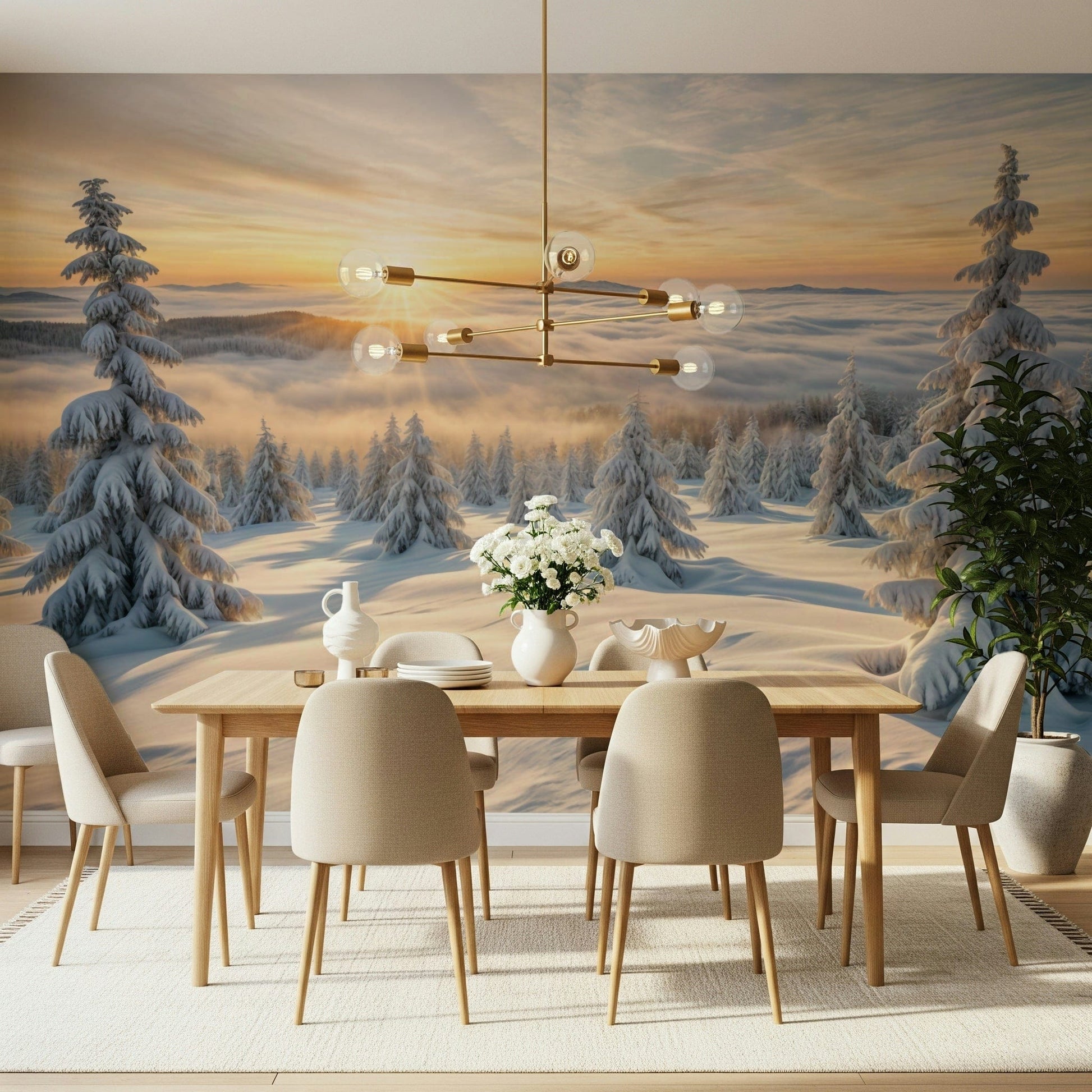 Scenic woodland wall mural for a luxury apartment interior with natural lighting.
