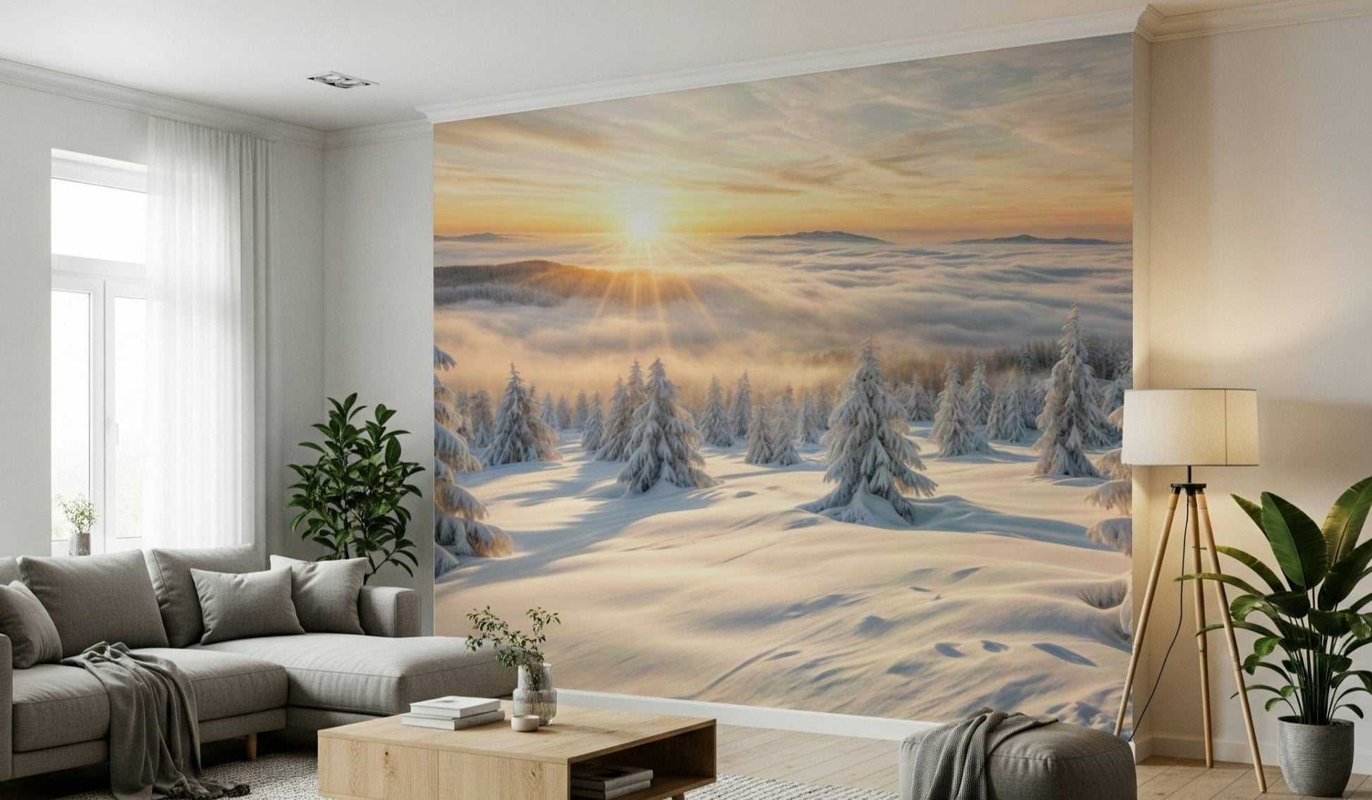 Modern landscape wall mural featuring sunlit trees for a sleek hotel lobby.