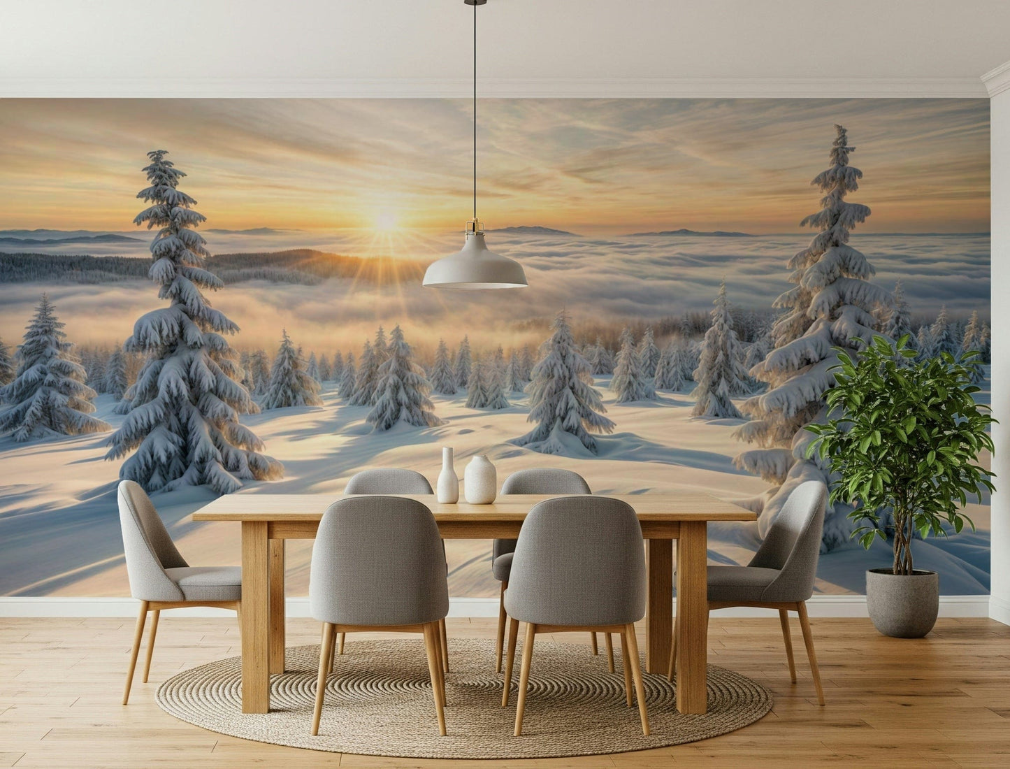 Golden winter woods wall mural creating a peaceful backdrop for a nursery.