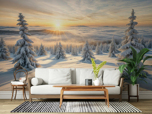 Birch forest wallpaper featuring golden sunlight and misty trees for a master bedroom.
