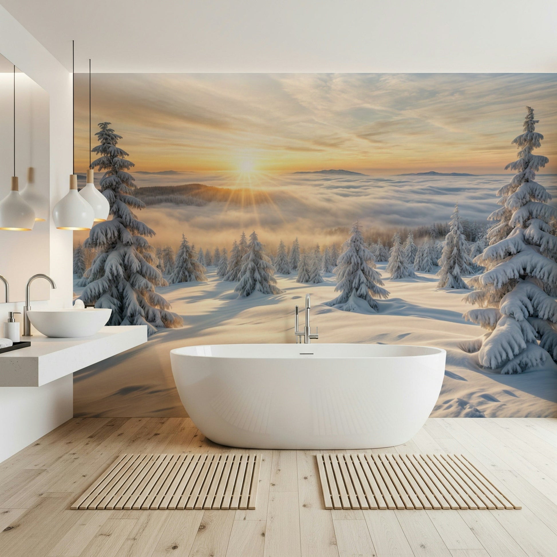 Golden winter woods wall mural behind a grey sofa in a minimalist lounge.